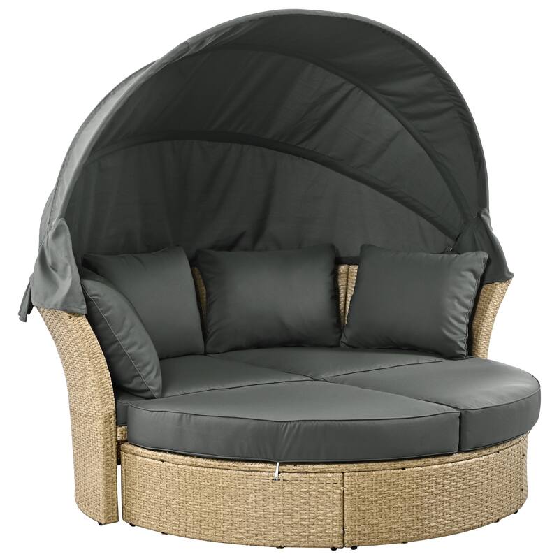 57" Outdoor Patio PE Rattan Round Daybed Sunbed with Retractable Canopy and 4 Pillows