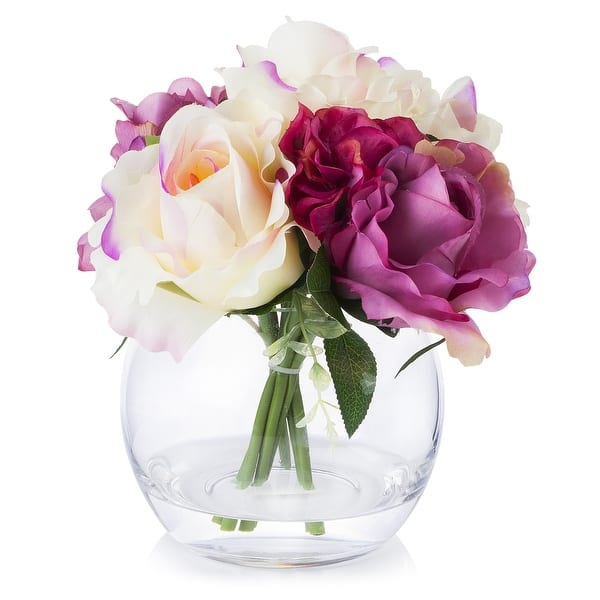 Enova Home Mixed Silk Rose and Hydrangea Flower in Glass Vase With Faux Water