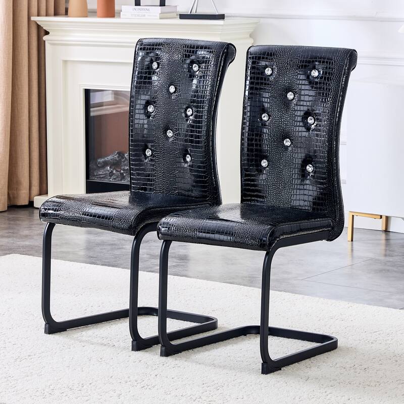 Set of 2, Retro Faux Alligator Skin Upholstered Dining Chairs, with Crystal Buckle Design and Faux Leather Design