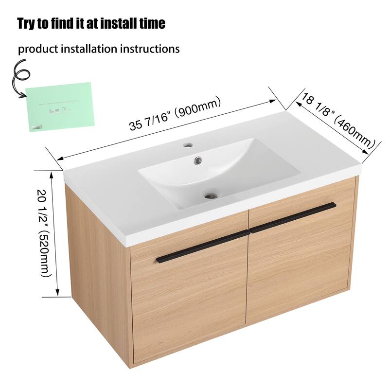 24"/30"/36" Floating Bathroom Vanity with Sink, Wall Mounted Bathroom Vanity with Soft Close Doors