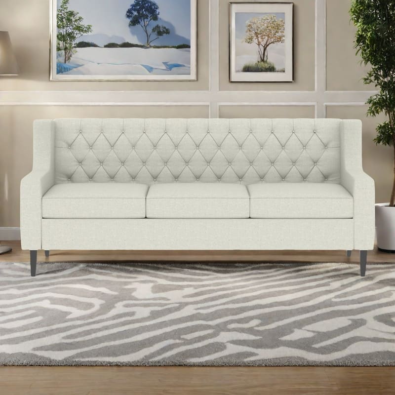 78.75" Polyester Button-Tufted Mid-Century Modern 3-Seater Sofa with High-Resilience Foam Cushions and Sturdy Wooden Frame - Beige
