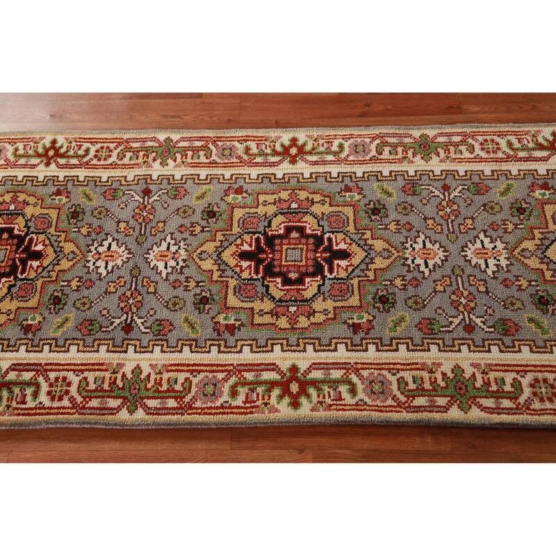 Hand Knotted Oriental 100% Wool Carpet Traditional Geometric Greys & Charcoal Heriz (serapi) Runner Rug - 7' 11'' X 2' 7''