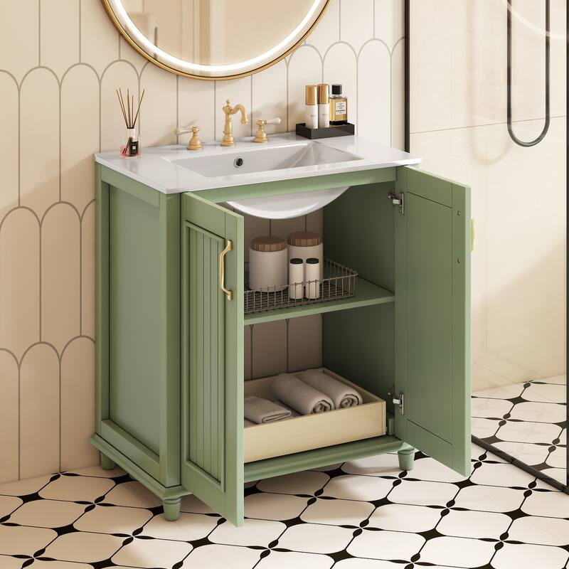 30-Inch Green Bathroom Vanity with Ceramic Sink, Roman Legs, Adjustable Soft-Close Hinges, and Ample Storage