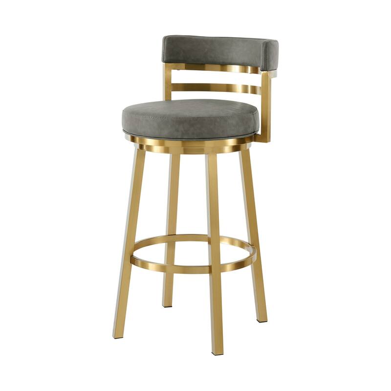 HomeRoots 26" Gray and Gold Faux Leather and Stainless Steel Low Back Counter Height Swivel Bar Chair
