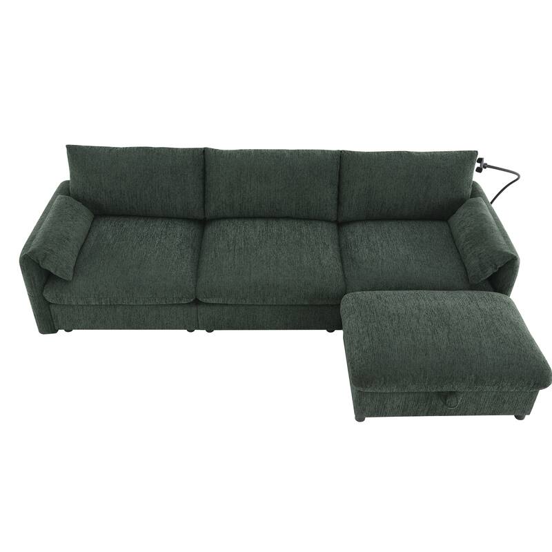 96.5" Chenille L-Shaped Sofa with Storage Ottoman & USB Charger