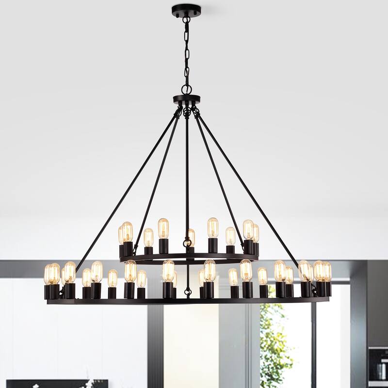 The Gray Barn Liam Matte Black 33-Light 48-inch 2-Tier Round Wagon Wheel Chandelier