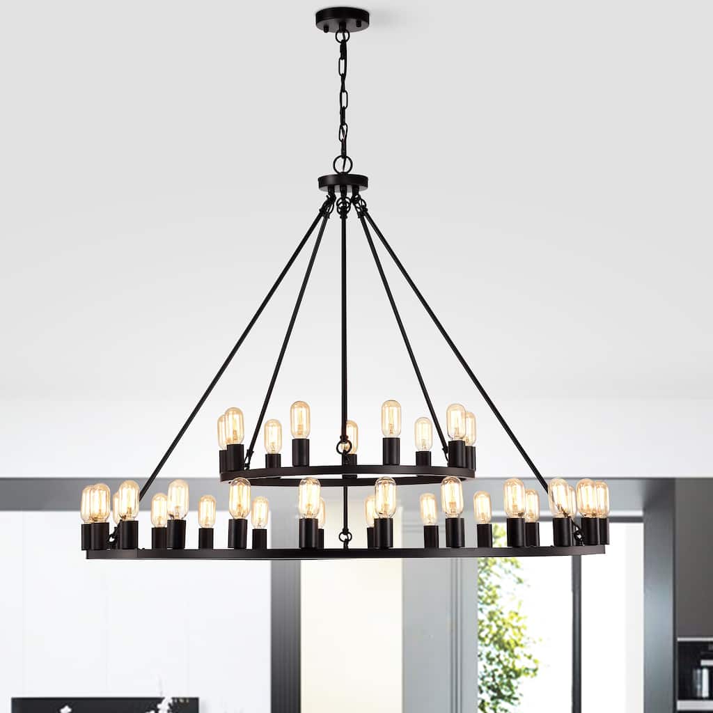 The Gray Barn Liam Matte Black 33-Light 48-inch 2-Tier Round Wagon Wheel Chandelier