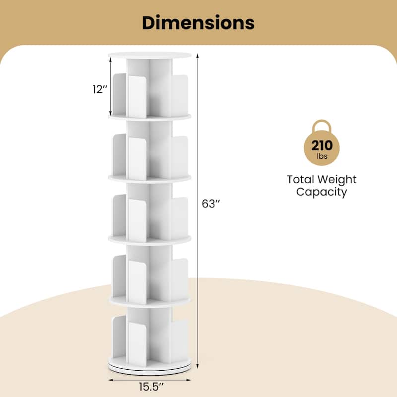 Space-Saving Freestanding 5-Shelf Rotating Bookcase with Swivel Base and Dividers Storage Tower - 15.5" x 15.5" x 63"