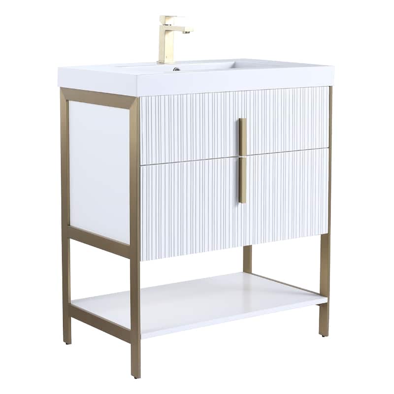 Fine Fixtures Serenity Modern Bathroom Vanity with White Gel Acrylic Top - White Matte - Brass Hardware - 30 inch