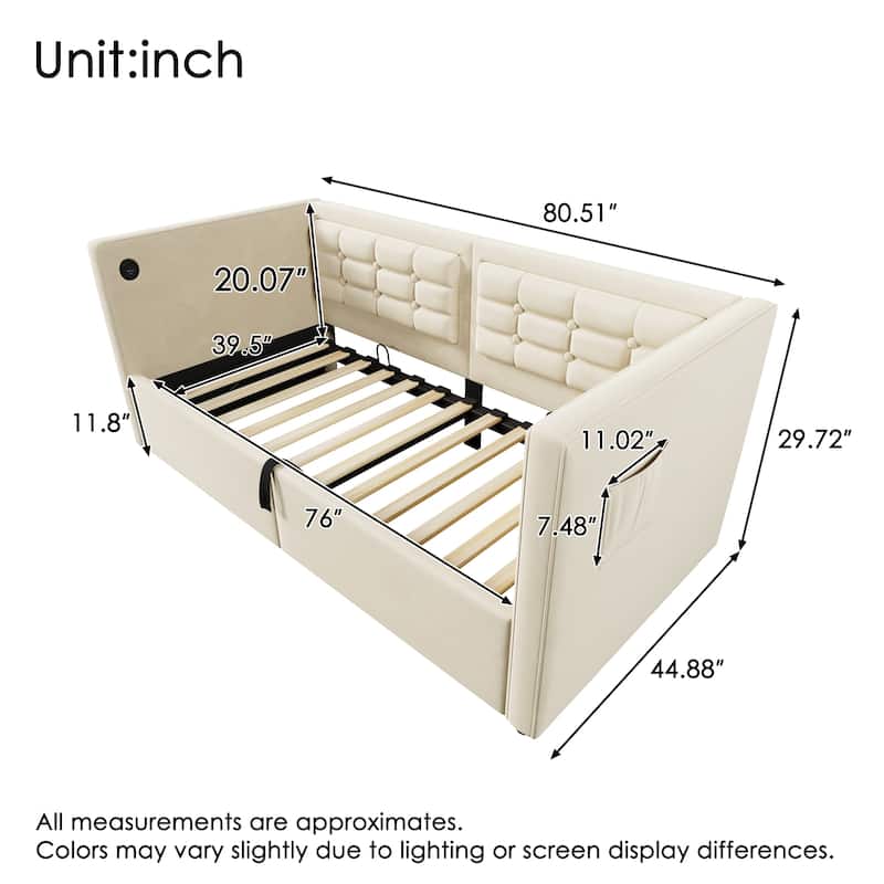 Upholstered Twin Daybed with Hydraulic Storage, USB & Type-C Charging, Velvet Frame with Wooden Slats