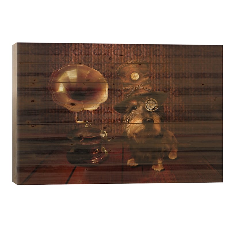 Steampunk Dog Print On Wood by Babette Van den Berg - Multi-Color - 18x26x1.5