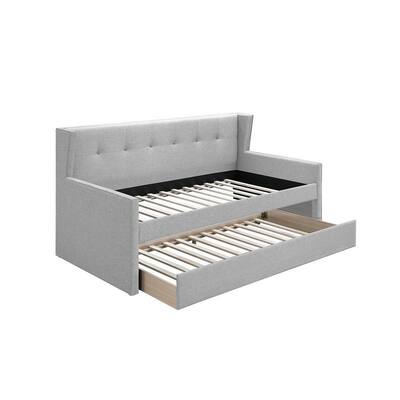 Diem Classic Wood Day Bed with Trundle, Button Tufted Back, Gray Burlap