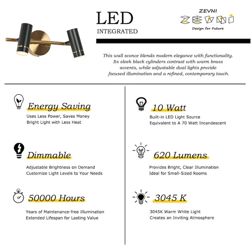 Modern Black Gold 2-Light LED Bathroom Vanity Light with Cylinder Shades - 16" L x 7.5" W x 6.5" H