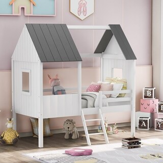 Twin Size Normal Gray and Normal White Low Loft Wood House Bed with Two ...