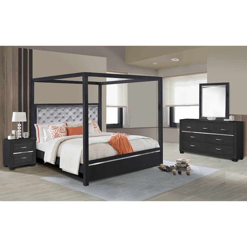 Canopy Glam Queen Bedroom Set with Tufted Headboard & LED Lights - 4 Piece