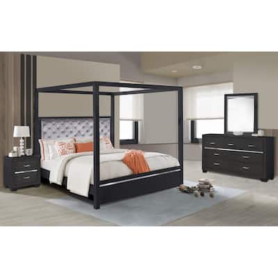 Canopy Glam Queen Bedroom Set with Tufted Headboard & LED Lights