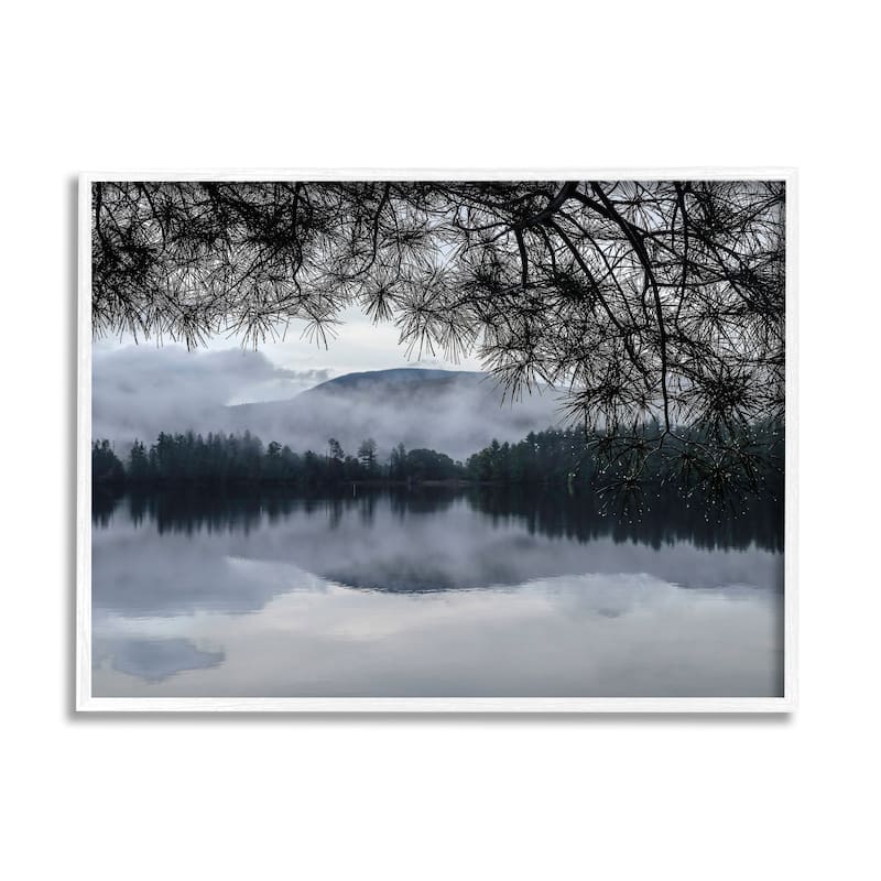 Stupell Trees Surrounding Hazy Mountainous Landscape Lake Framed Wall Art - Blue - 30 x 24 - White