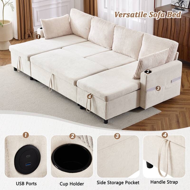 Modern U Shaped Sectional Sofa with Pull Out Bed and Dual Storage Chaises and USB Ports for Versatile Living Room Comfort
