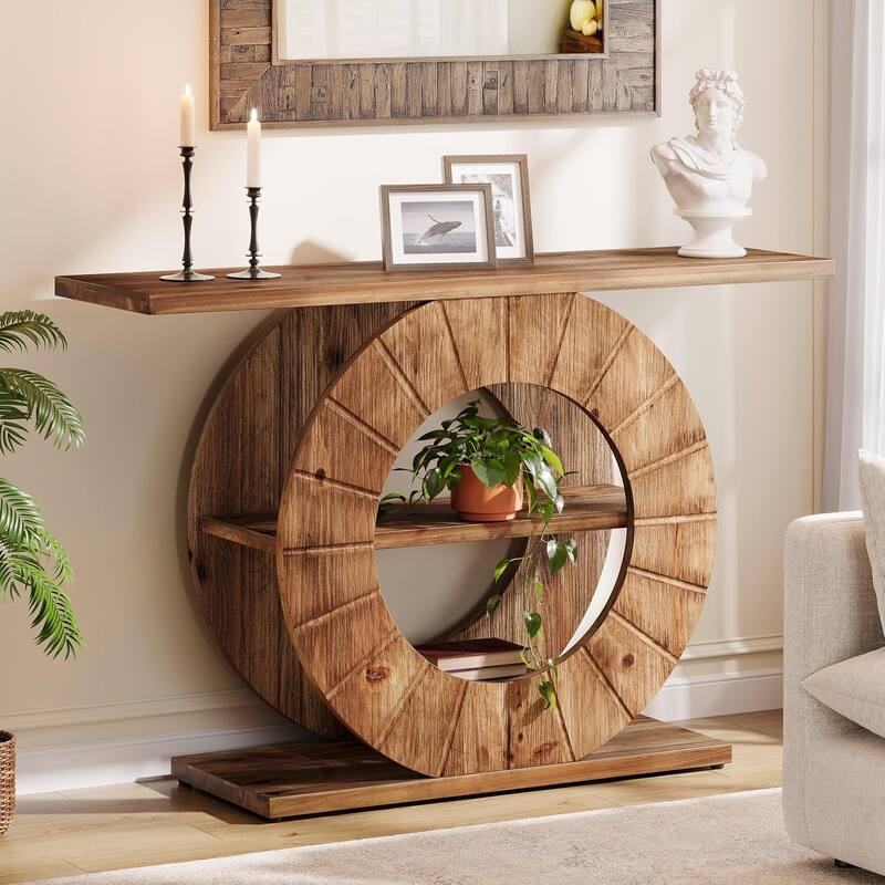 Solid Wood Console Table with Storage, Sofa Table with 3-Tier Shelves for Living Room, Hallway, Foyer