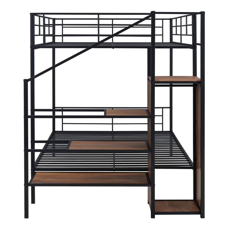 Full Over Full Metal Bunk Bed with Storage Ladder and Wardrobe, Black