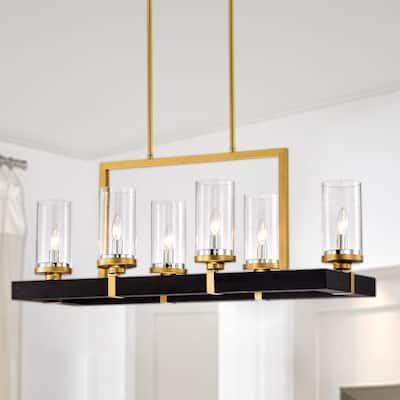 Wood and Metal 6-light Linear Chandelier with Seeded Glass Shades Gold / Black