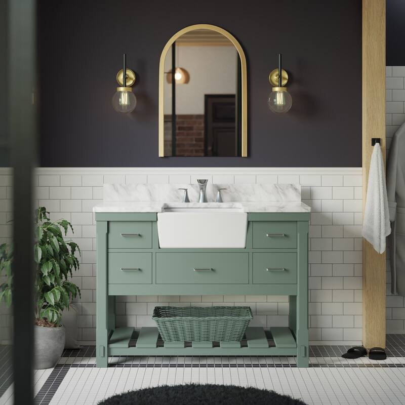 KitchenBathCollection Charlotte 48" Farmhouse Bathroom Vanity with Carrara Marble Top - Sage Green