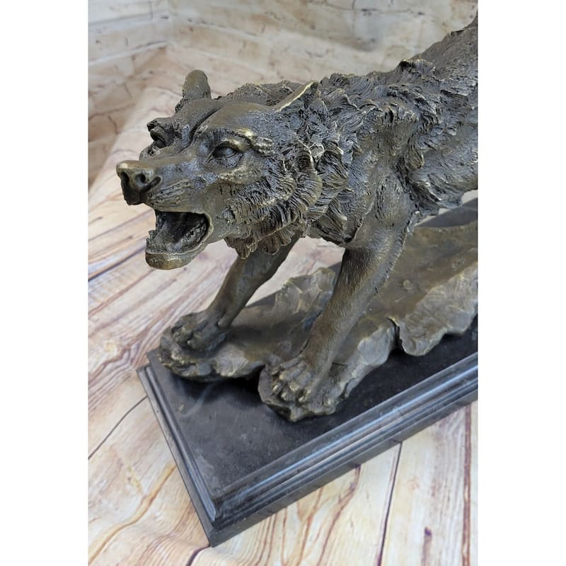 Fierce Wolf Howling Canine Bronze Sculpture Statue Art On Marble Base