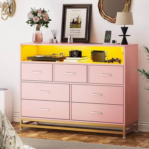 Modern 7 Drawers Long Dresser with Charging Station and LED Lights Design -  Bed Bath & Beyond - 41145163