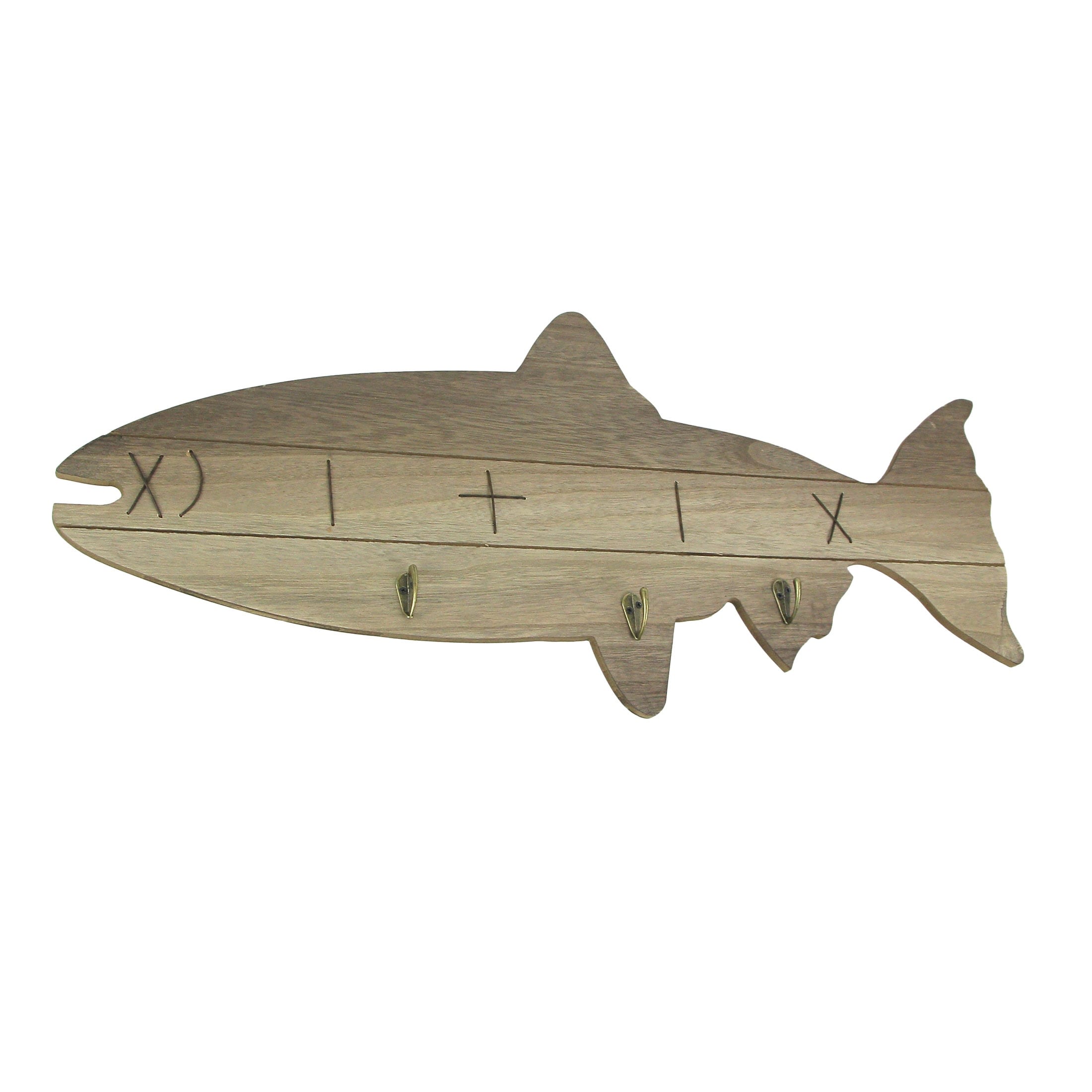 Distressed Wooden Fish Shaped 3 Hook Hanging Wall Rack 27.5 Inch