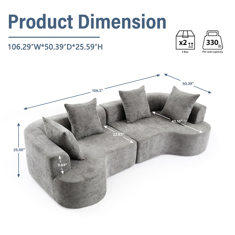 XINMICS 106.3'' Modern Modular Sectional Sofa, 4 Seater U-Shaped Compression Couch with 4 Throw Pillows, No Assembly Required