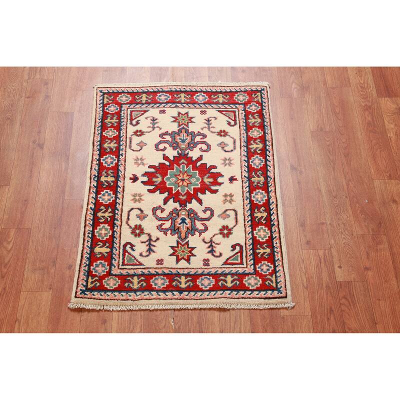 Ivory Kazak Oriental Accent Foyer Rug Handmade Wool Carpet - 2'0"x 3'0"