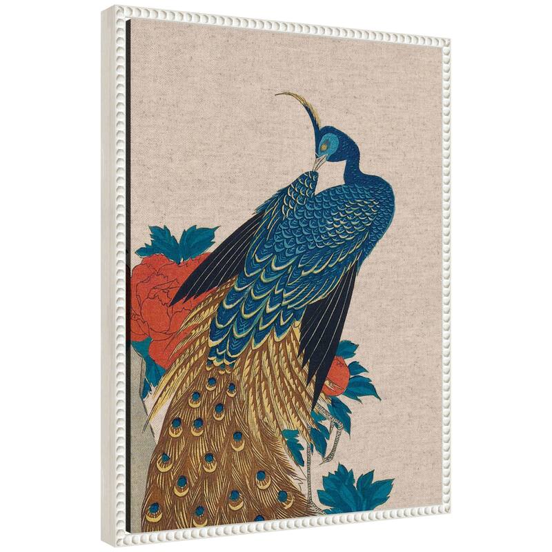 Kate and Laurel Sylvie Peacock and Peonies 1840 Utagawa Hiroshige Neutral Linen Framed Canvas by The Art Institute of Chicago - 18x24 - White