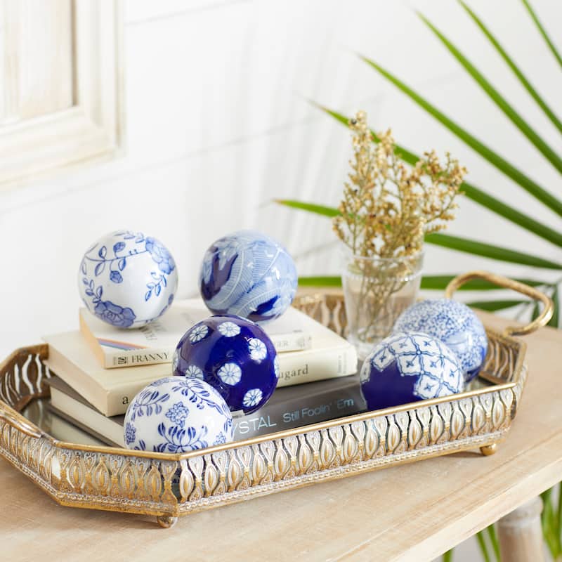 Black or Blue Ceramic Handmade Glossy Decorative Ball Orbs & Vase Filler with Varying Patterns (Set of 6) - Blue