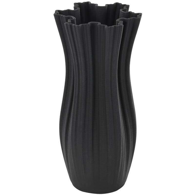 Ceramic Abstract Ribbed Tulip Inspired Decorative Vase with Floral Shaped Rim - Black - Roche River Decor - Black - 5"W, 11"H