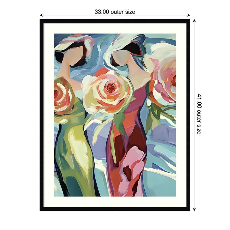 Two Women With Roses by Elena Avanesova Wood Framed Wall Art Print - 33 x 41 in - Black
