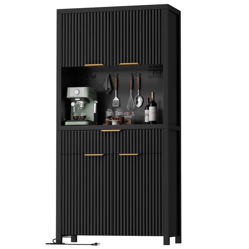 71"Pantry Storage Cabinet with Drawer, Charging Station and Open Countertop for Dining Living Room