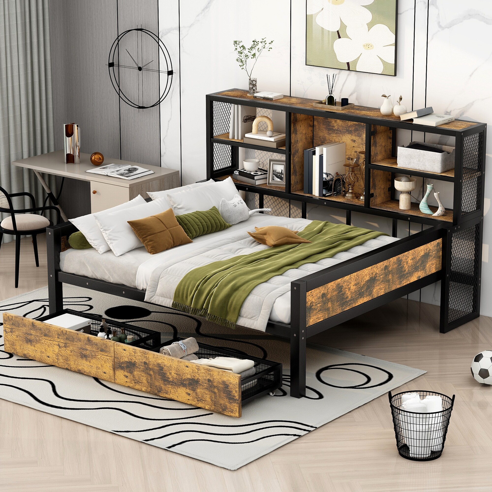 Full Size Cabin Daybed with Storage Shelves and Drawers