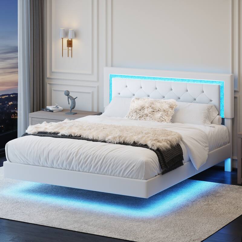 Queen Size Bed Frame with Headboard, Floating Bed Frame with LED Lights, Upholstered Platform Bed with Diamond Tufted Headboard