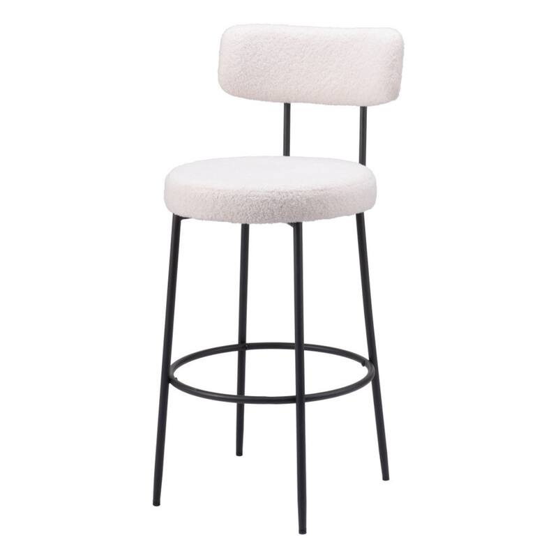 Modern Low Back Bar Stools Set of 2 Round Shearling Seats with Footrest and Powder Coated Frame - 40.9”H x 18.5”W x 21.3”D