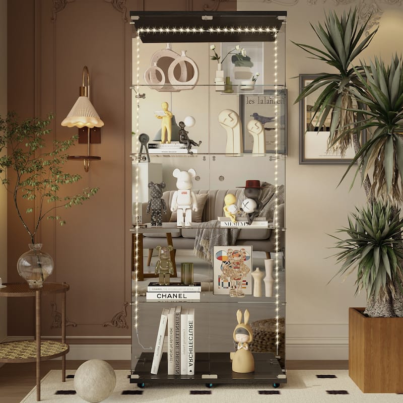 76" Tall Tempered Glass Display Cabinet with Mirror Back, Bluetooth LED Light Strip, Lockable Doors and Casters