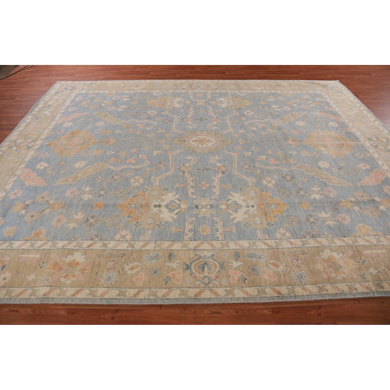 Hand Knotted Oriental 100% Wool Carpet Transitional All-Over Navy Blue & Blues Oushak Area Rug - 11' 10'' X 9' 1''