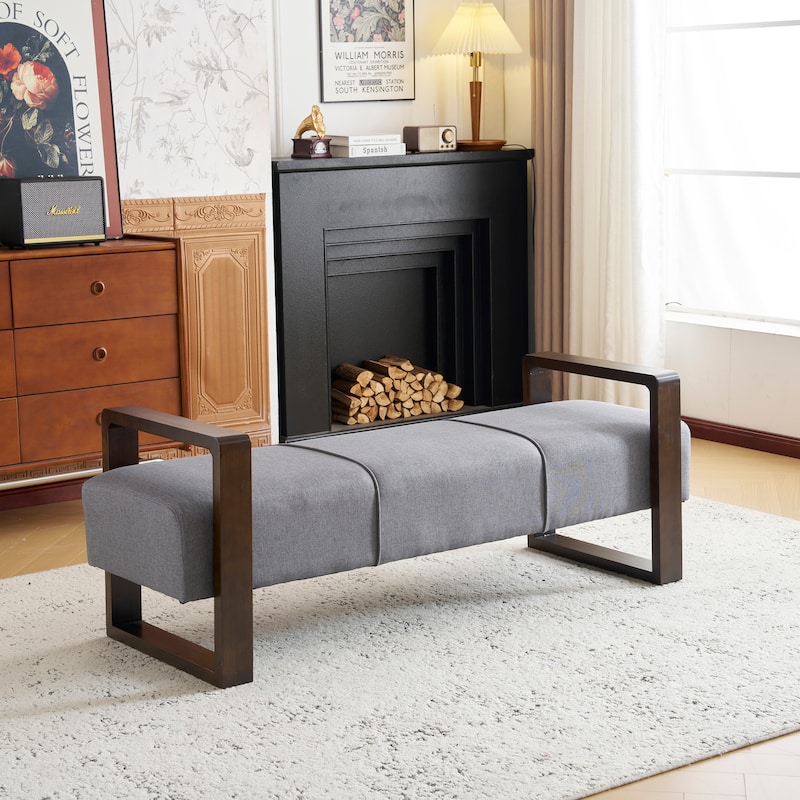 58.75" Stylish Upholstered Bench with Wooden Arms for Living Room - Grey+Brown