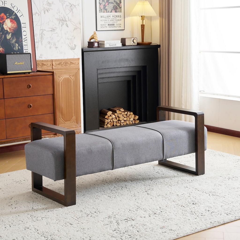 58.75" Stylish Upholstered Bench with Wooden Arms for Living Room