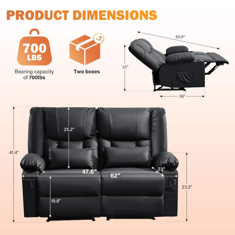 Manual Recliner Loveseat with Massage & Heating, Cup Holders & Side Pocket for Living Room
