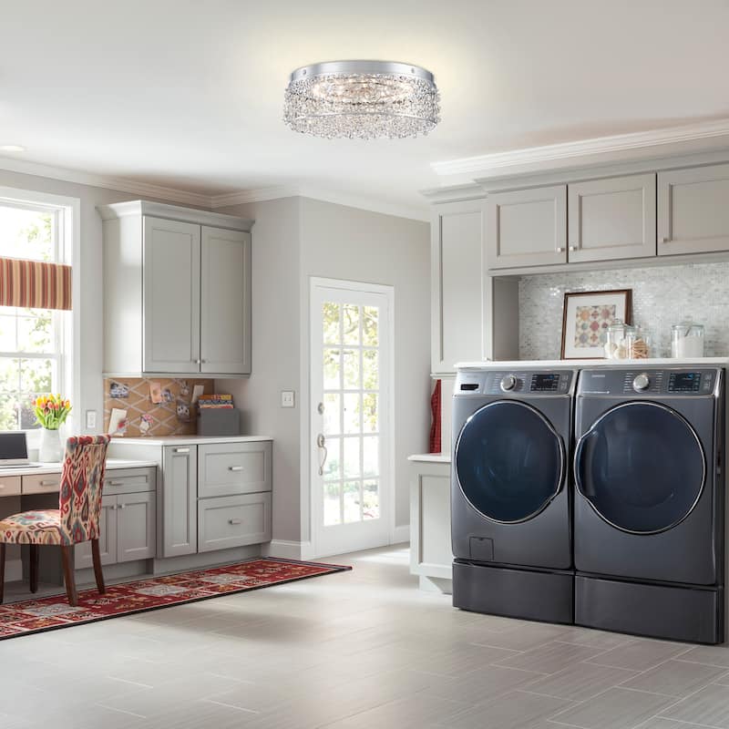 LED Flush Mount Ceiling Light with Stainless Steel Shade and Crystal - Dia.14.17-in