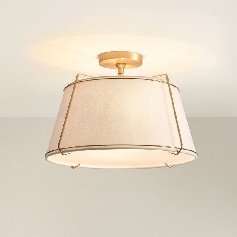 Crest Semi-Flush Mount - Metal, Fabric & Gold, Ivory White Ceiling Light for Bedroom or Hallway in Modern, Transitional Style
