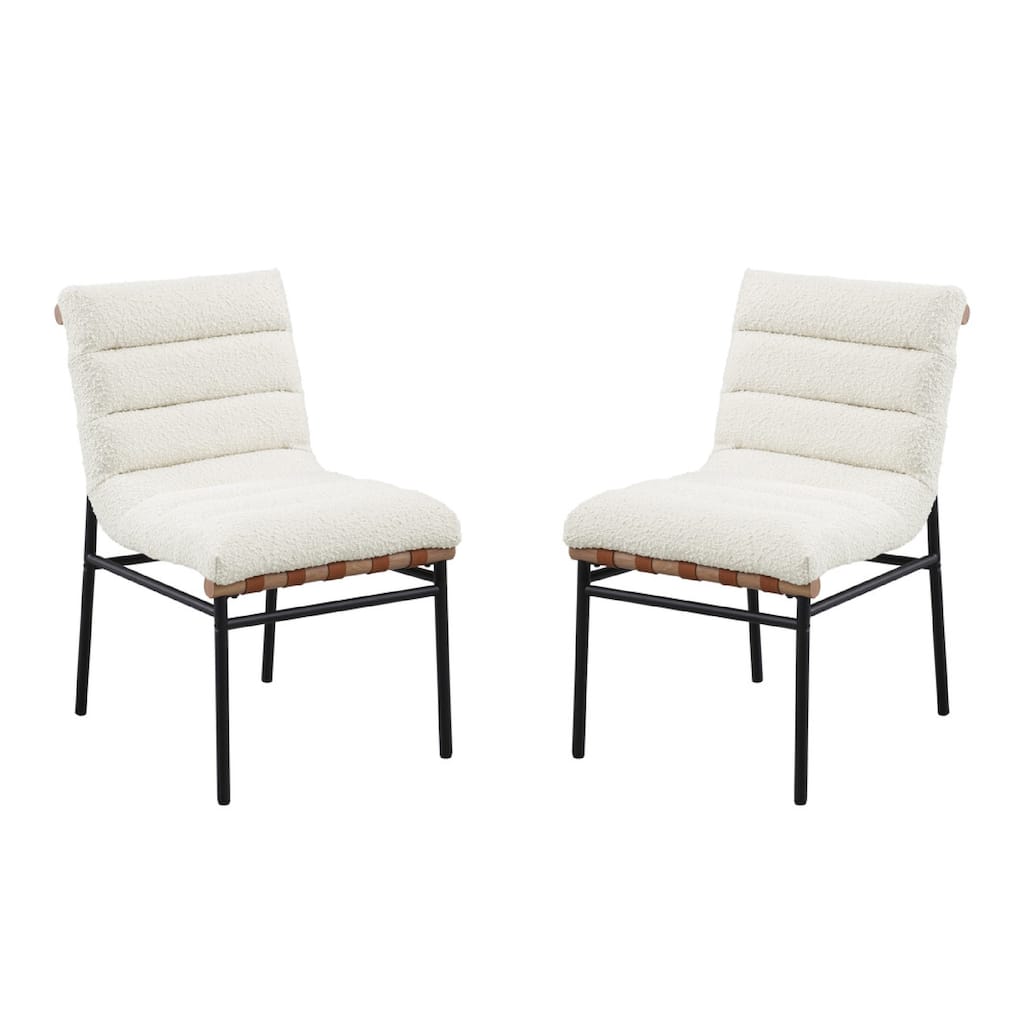 Kive Dining Chair Set of 2, Black Iron Legs, White Channel Tuft Boucle