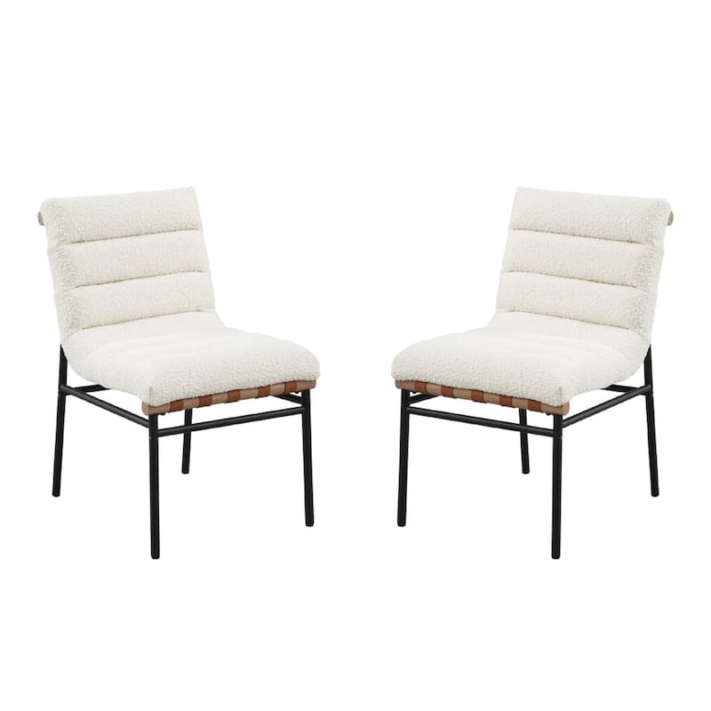 Kive Dining Chair Set of 2, Black Iron Legs, White Channel Tuft Boucle