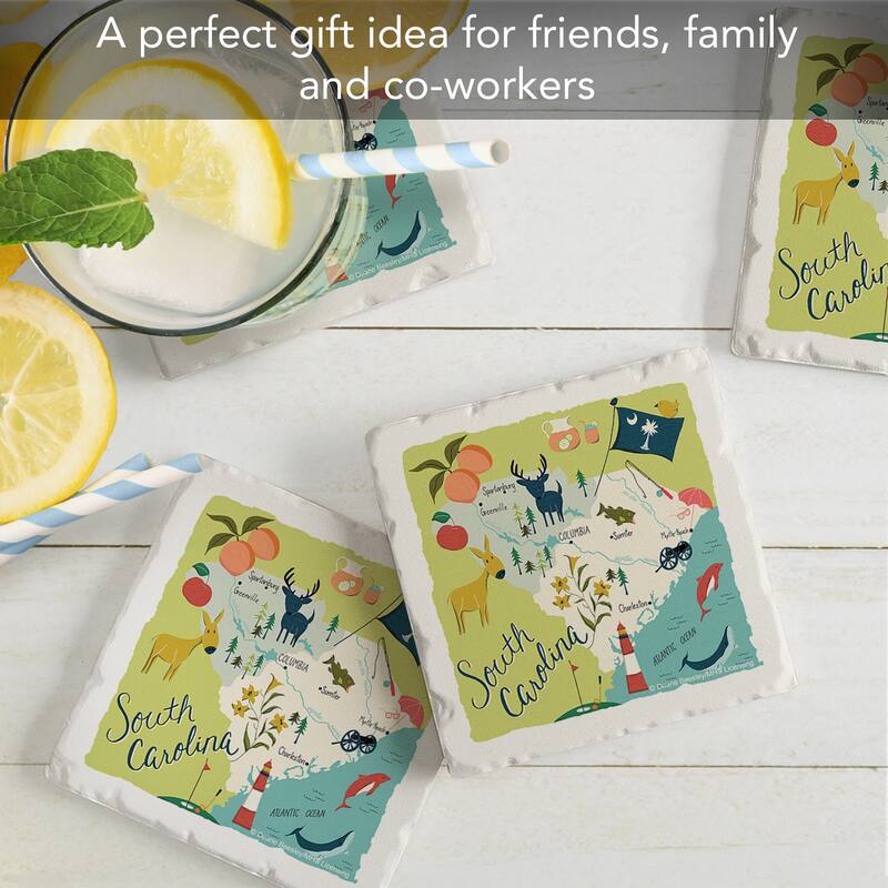 South Carolina 4-Pack Absorbent Stone Coasters with Protective Cork Backing 4" Square Made in The USA Easily Wipes Clean