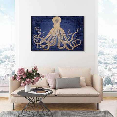 Oliver Gal 'Deep Water Squid' Nautical and Coastal Wall Art Framed Canvas Print Marine Life - Gold, Blue